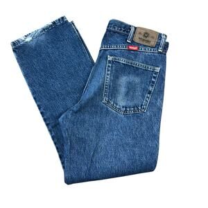 Wrangler Blue Denim Jeans Men’s 34 Casual Workwear Construction VTG Thrashed